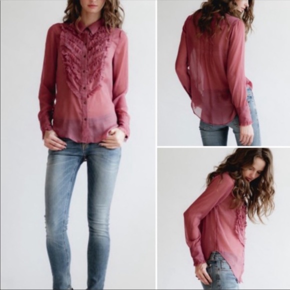 FREE PEOPLE Sheer Raspberry Ruffle Tuxedo Blouse - Picture 2 of 9